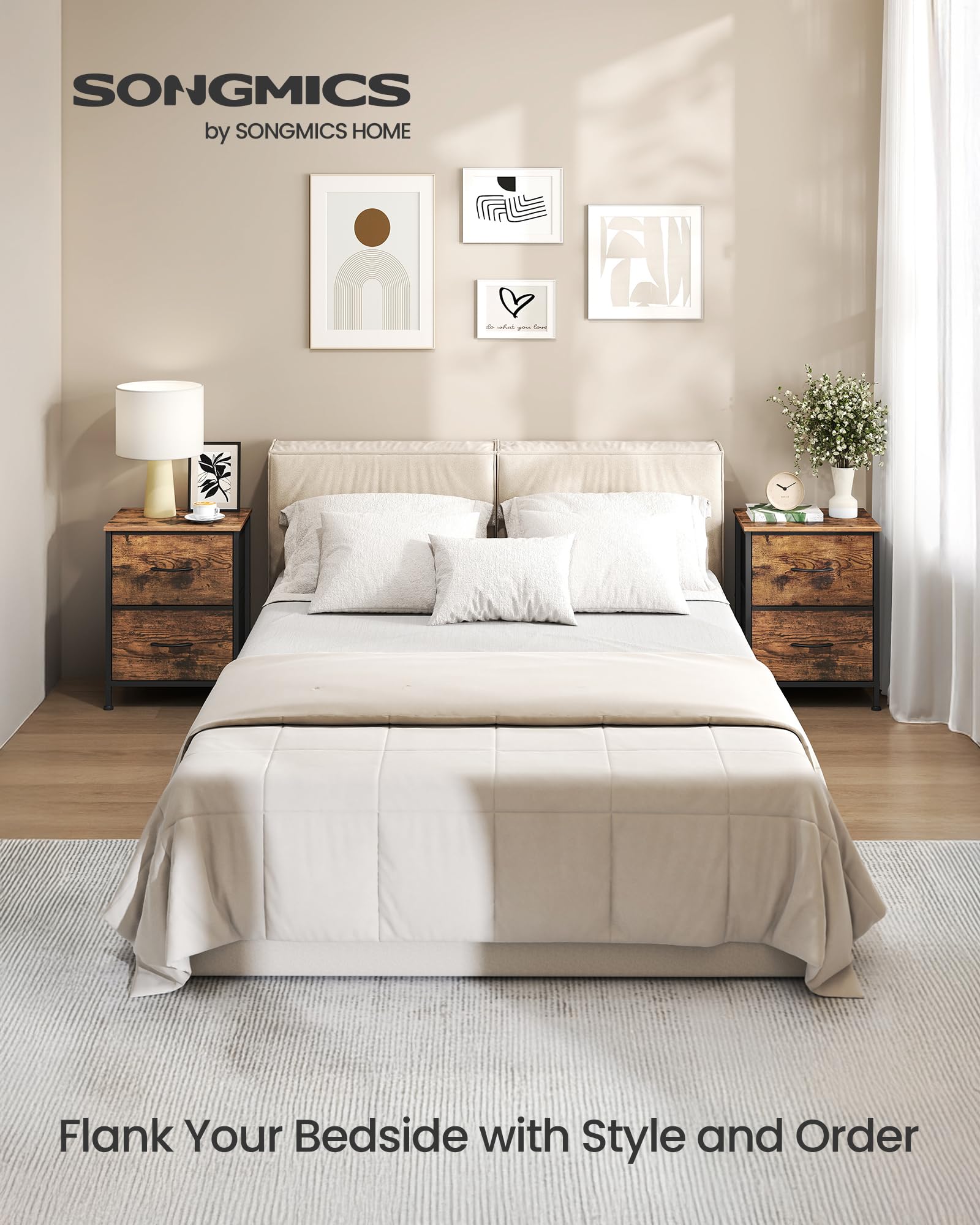 SONGMICS Bellah nightstand drawer open showing hidden storage space