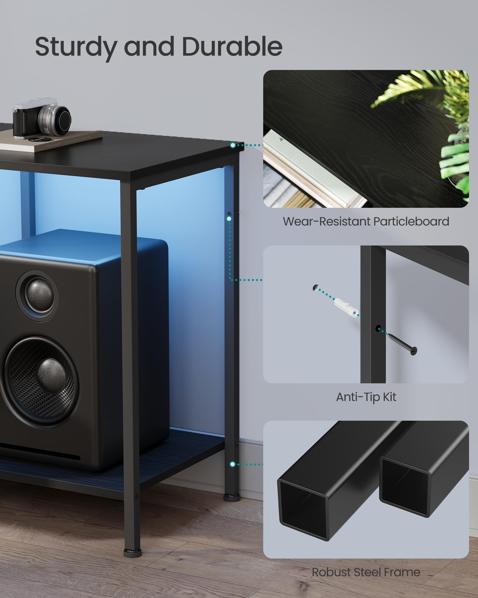 Songmics Bellah open shelves and drawer for versatile media storage.