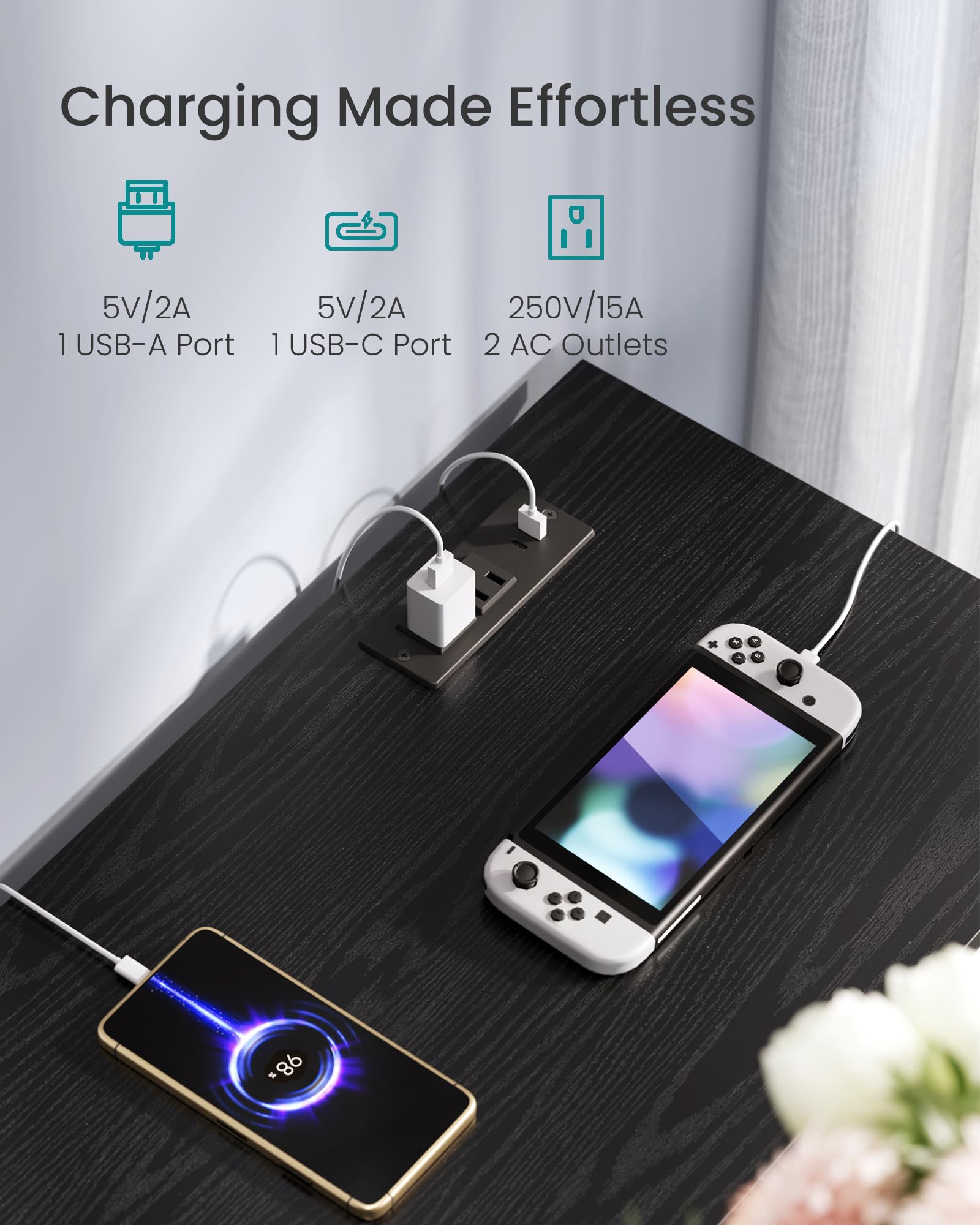 Songmics Bellah stand featuring outlets and USB ports for convenient charging.