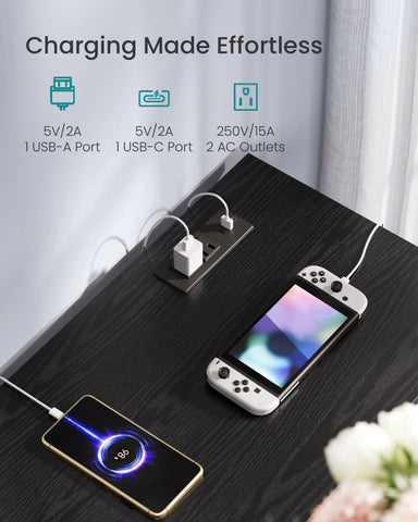 Songmics Bellah stand featuring outlets and USB ports for convenient charging.