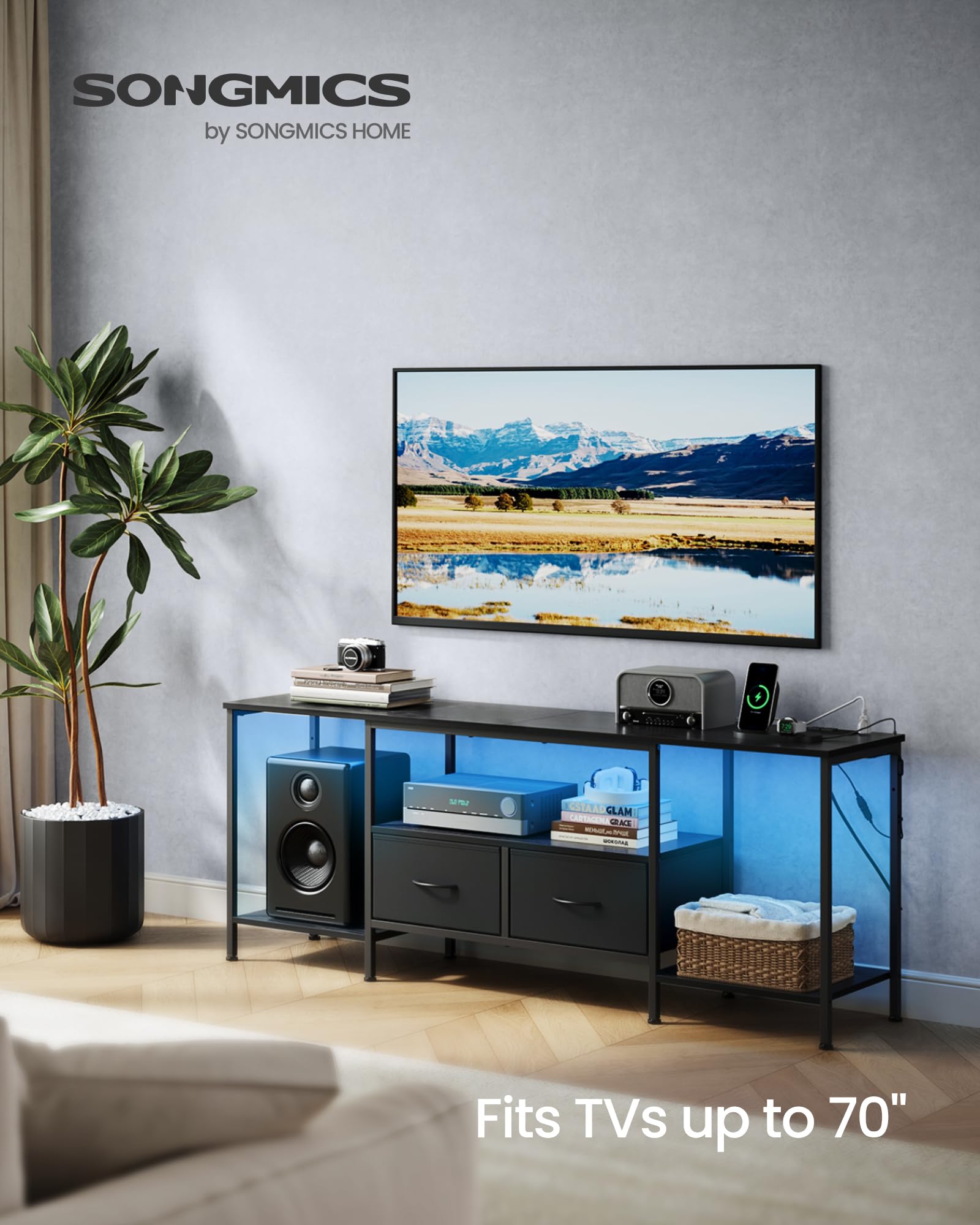 SONGMICS BELLAH TV stand with power outlets keeps devices charged and ready