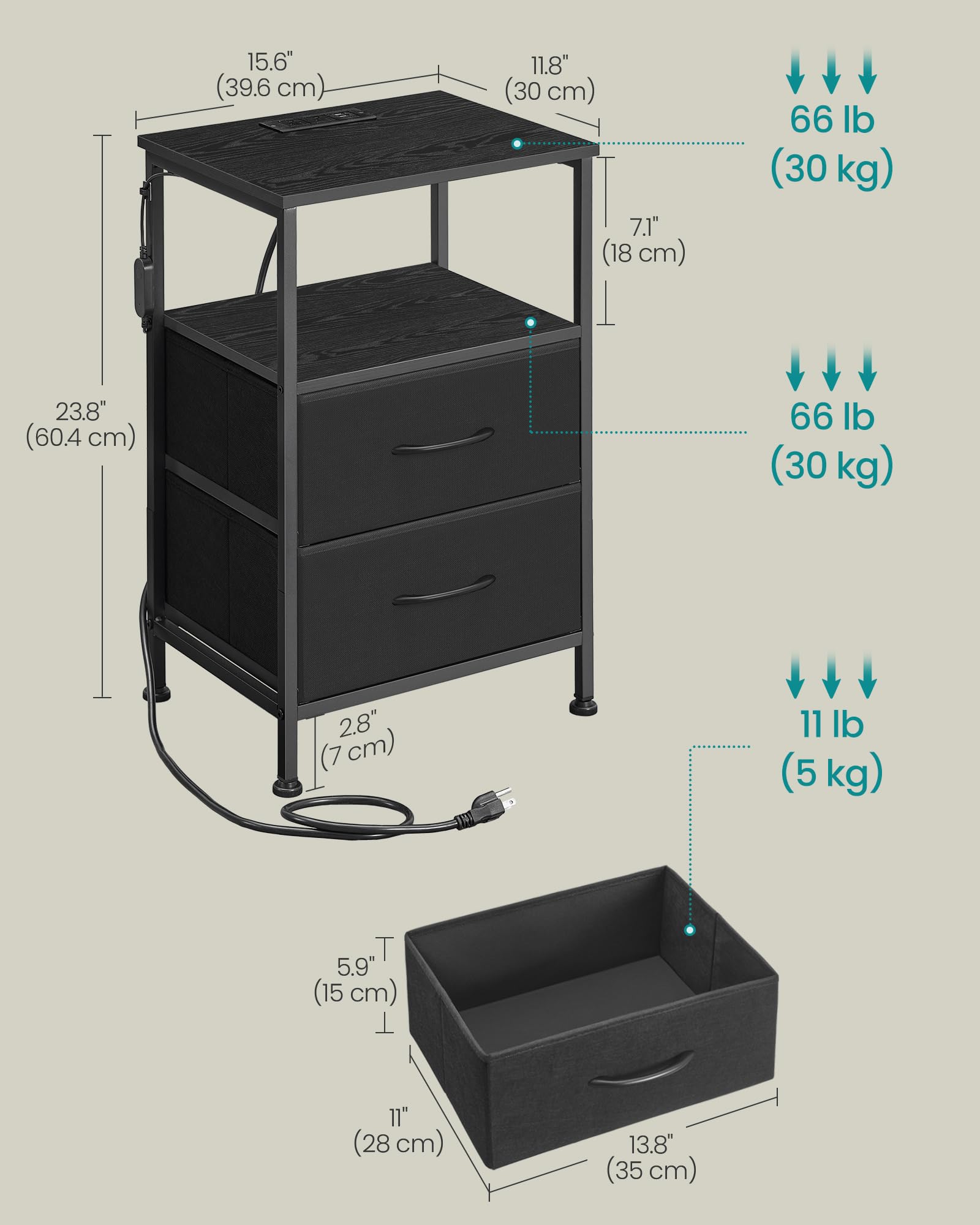 Songmics Bellah nightstand features sturdy steel and particleboard construction.