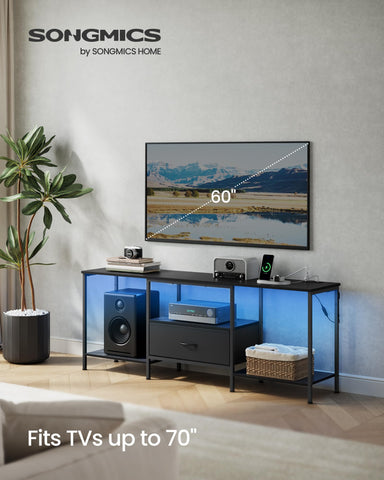 Songmics Bellah TV Stand front view showing storage shelves and a tidy drawer.