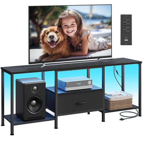 Songmics Bellah TV Stand side view in ink black with a sturdy steel frame.