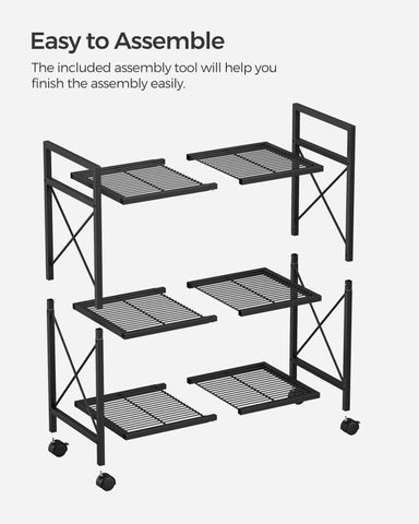 Songmics black industrial rack suited for kitchen, bathroom, and living spaces.