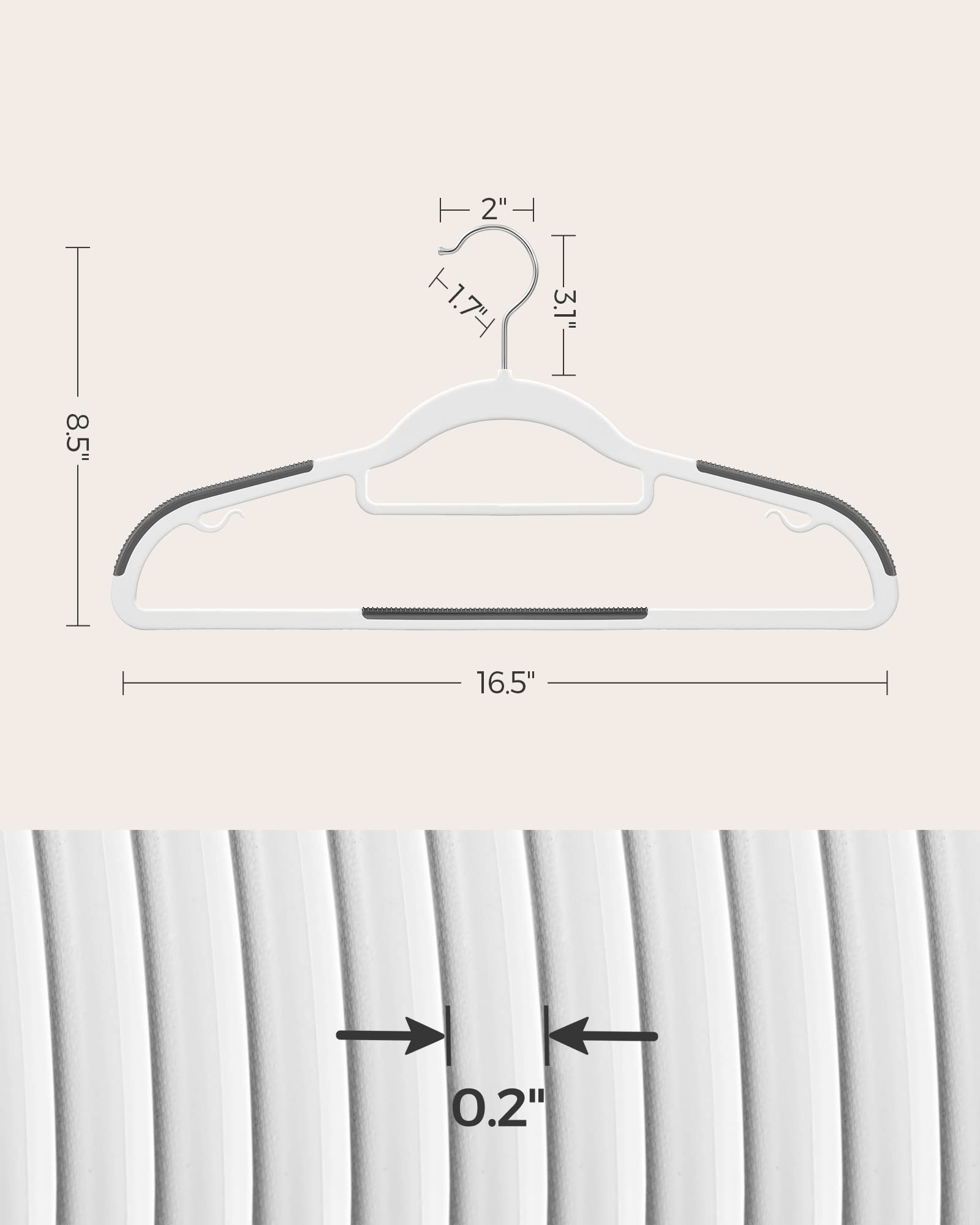 Bottom bar holds pants and scarves for neat storage.