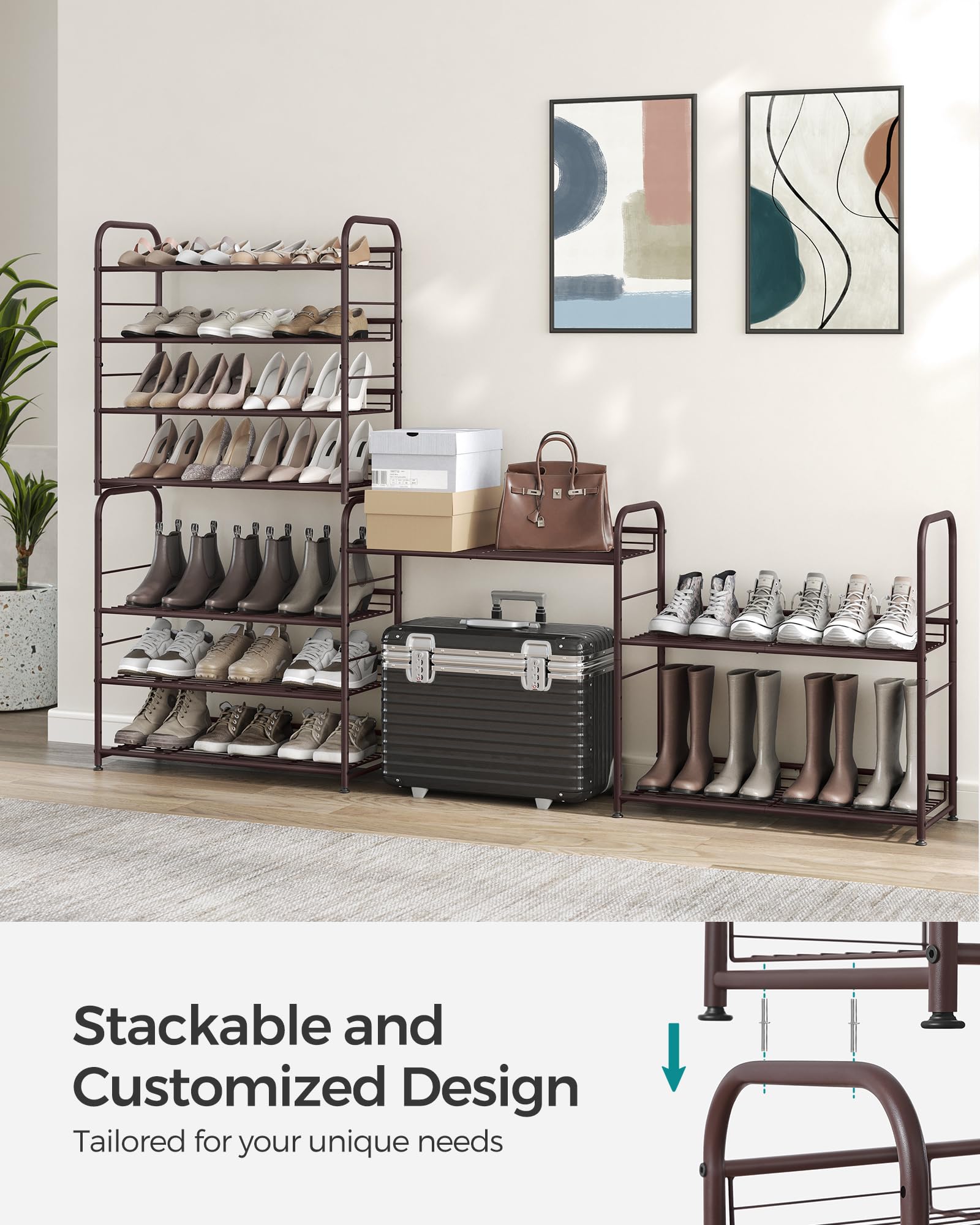 SONGMICS bronze 4-tier rack with tilt option keeps boots accessible.