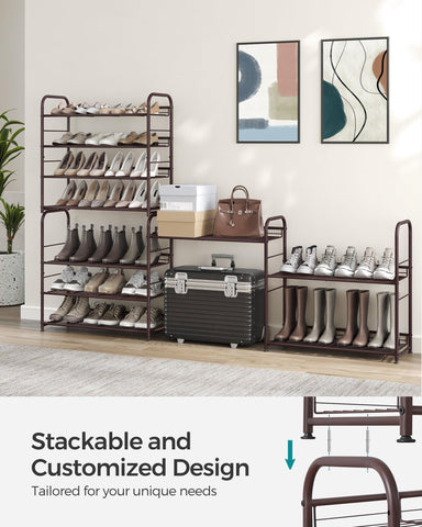 SONGMICS bronze 4-tier rack with tilt option keeps boots accessible.