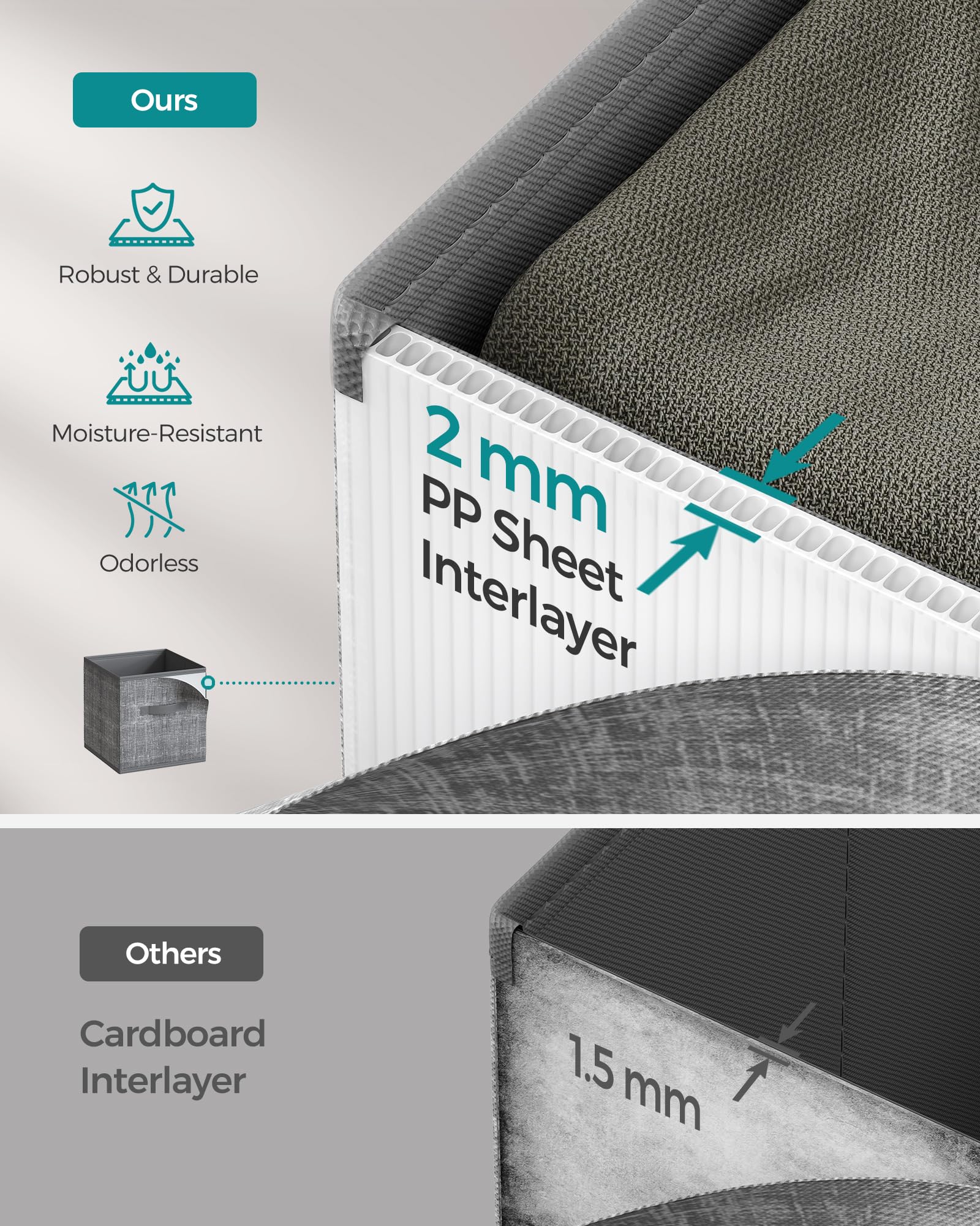 Cattail gray fabric texture on SONGMICS storage cubes blends with decor