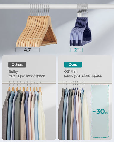 Songmics closet organization with 50 hangers keeps shirts and jackets orderly.