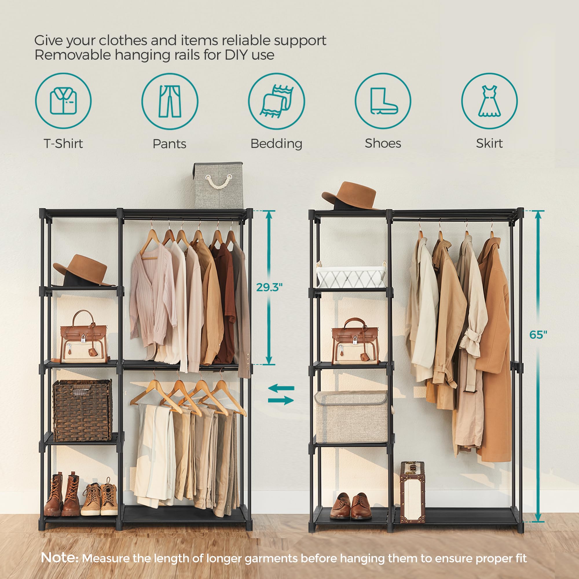 SONGMICS fabric shelf with folded clothing supports organized wardrobe storage.