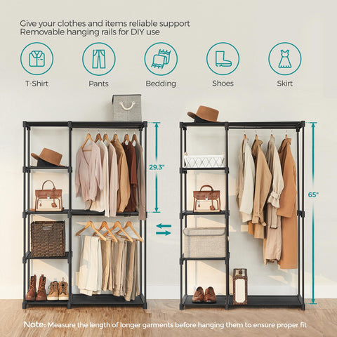 SONGMICS fabric shelf with folded clothing supports organized wardrobe storage.