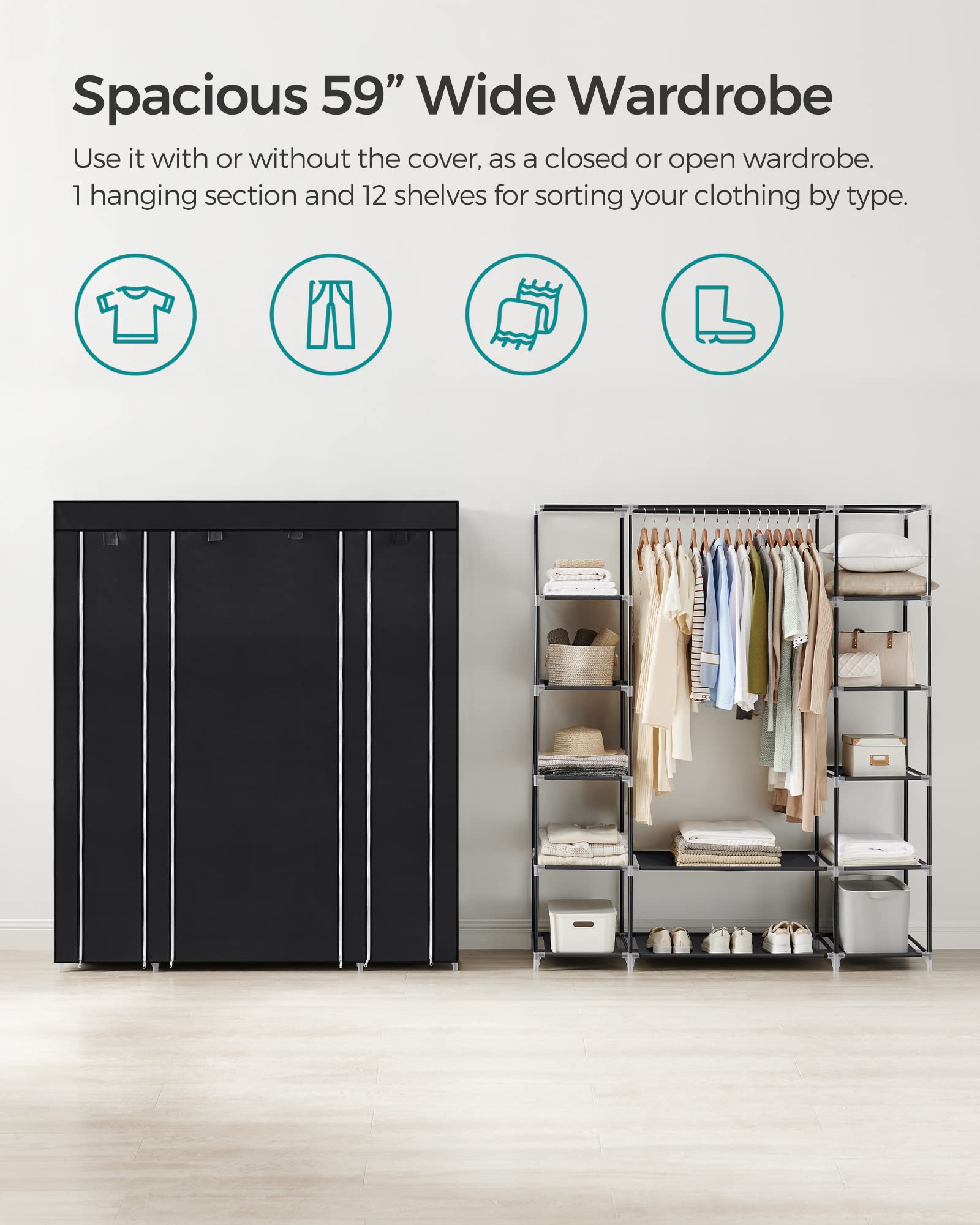SONGMICS wardrobe with 12 shelves for ample folded storage