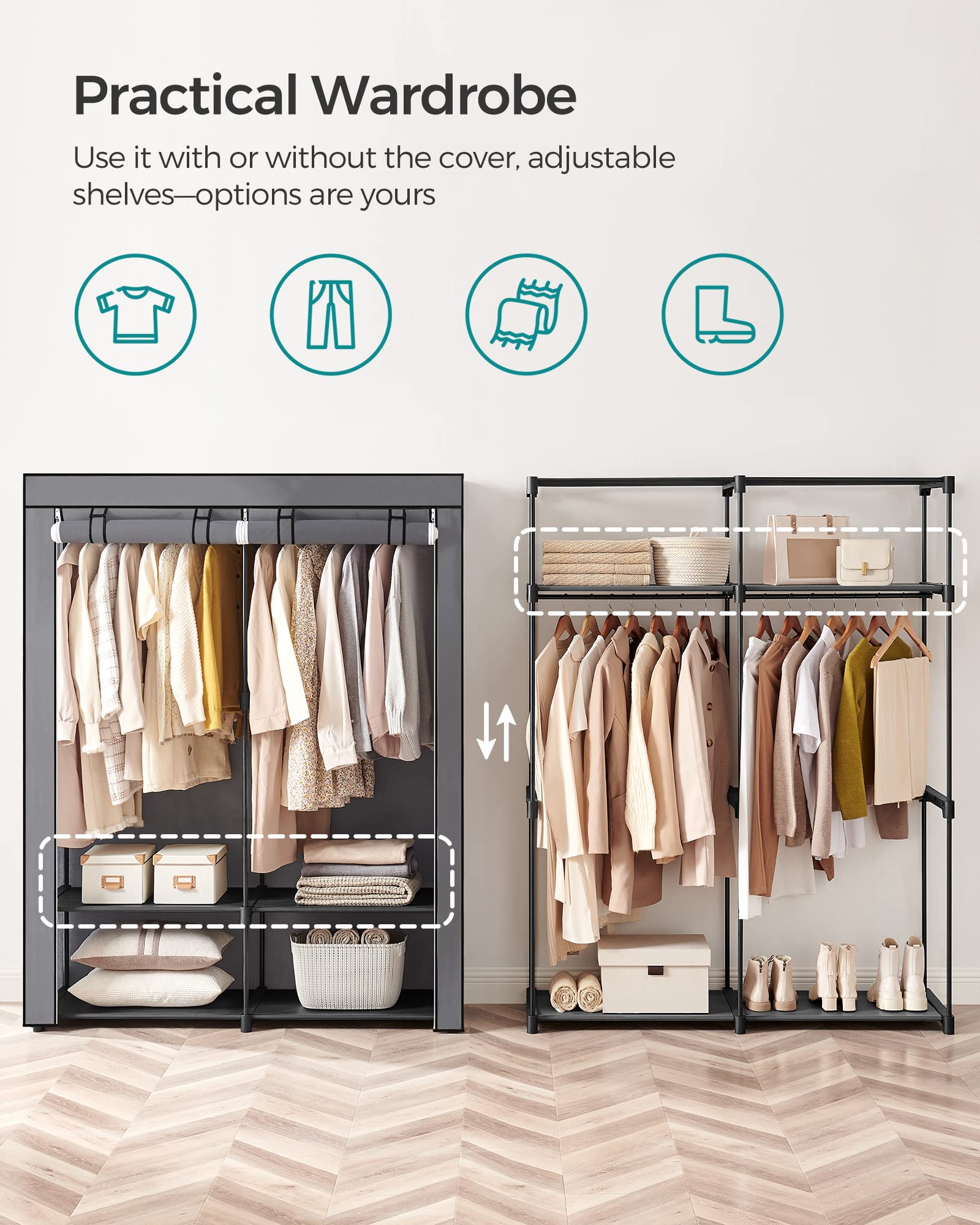SONGMICS Closet Wardrobe dust-free cover protects outfits from dust.