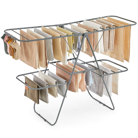SONGMICS foldable two-level clothes drying rack showcasing spacious drying area for towels and outfits