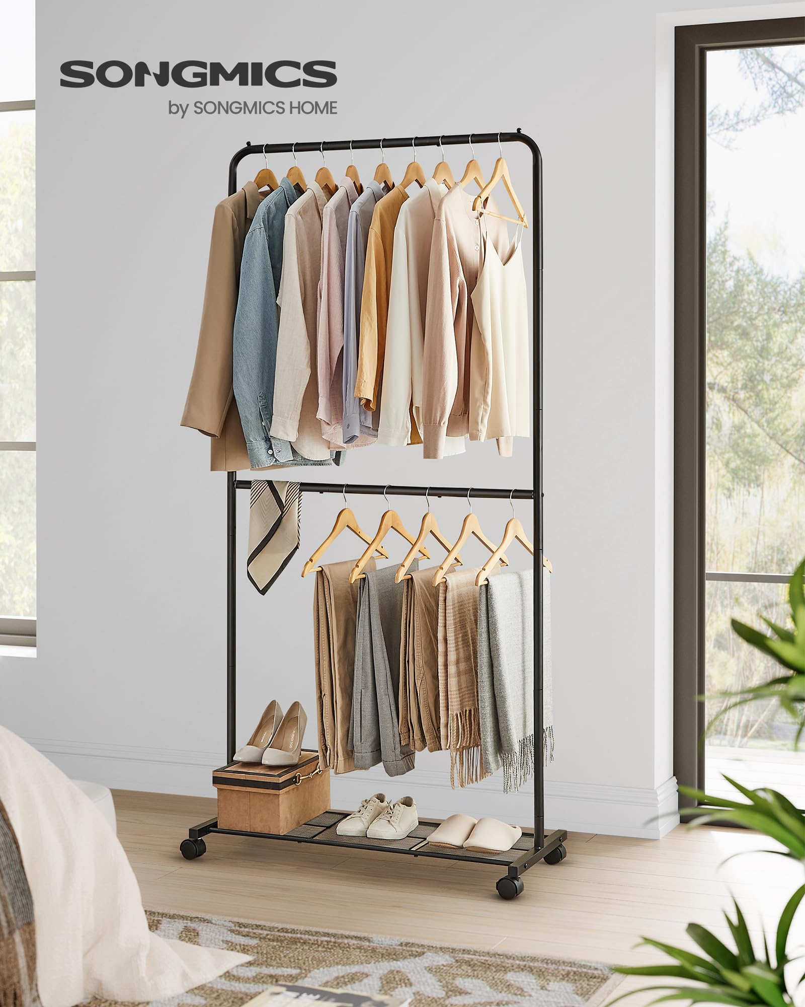 SongMics clothes rack with wheels side view showing stability.