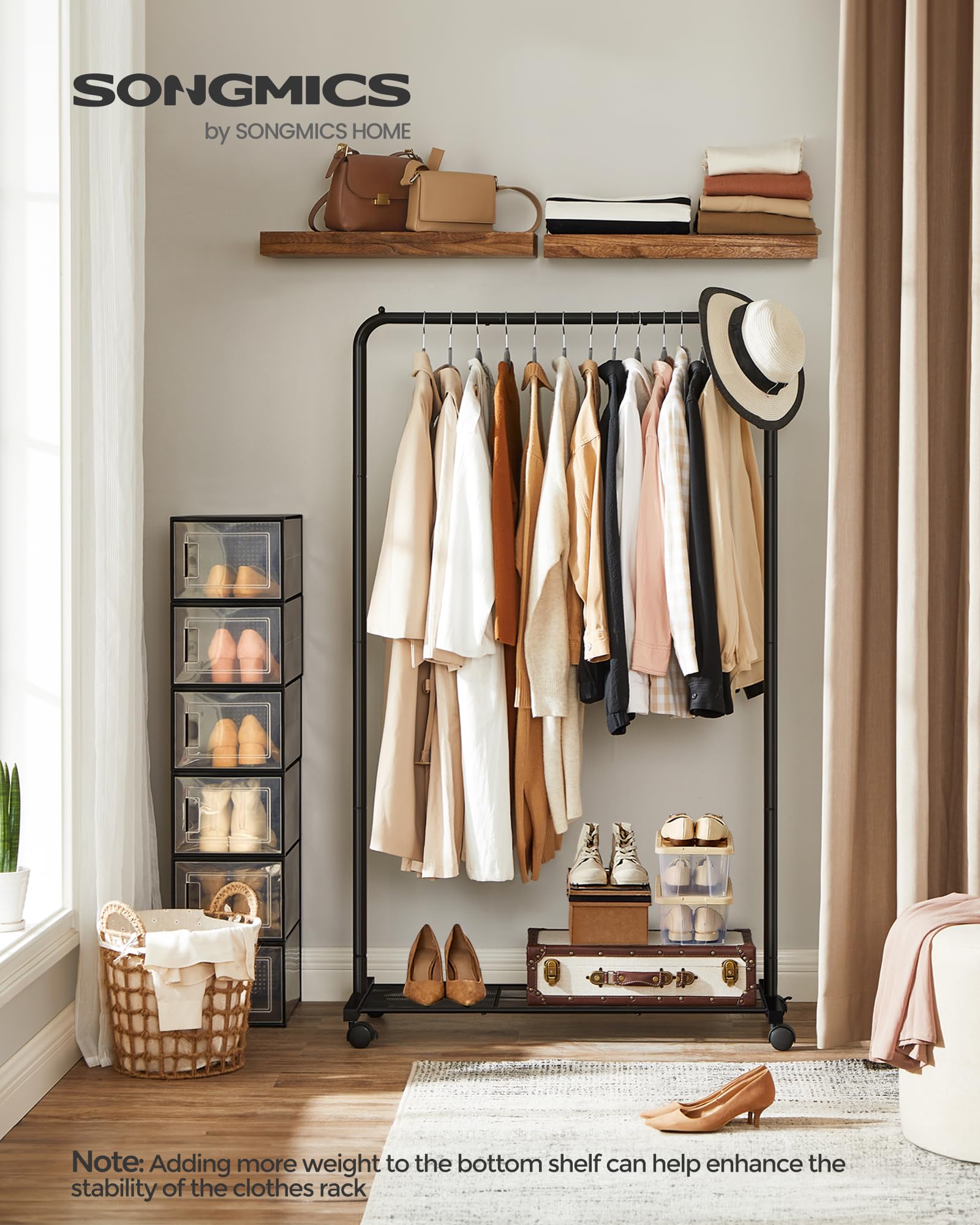 SONGMICS rack with wheels, brakes engaged, securely locked for daily wardrobe changes.