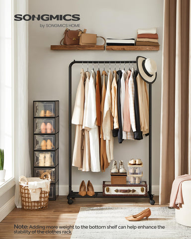 SONGMICS rack with wheels, brakes engaged, securely locked for daily wardrobe changes.