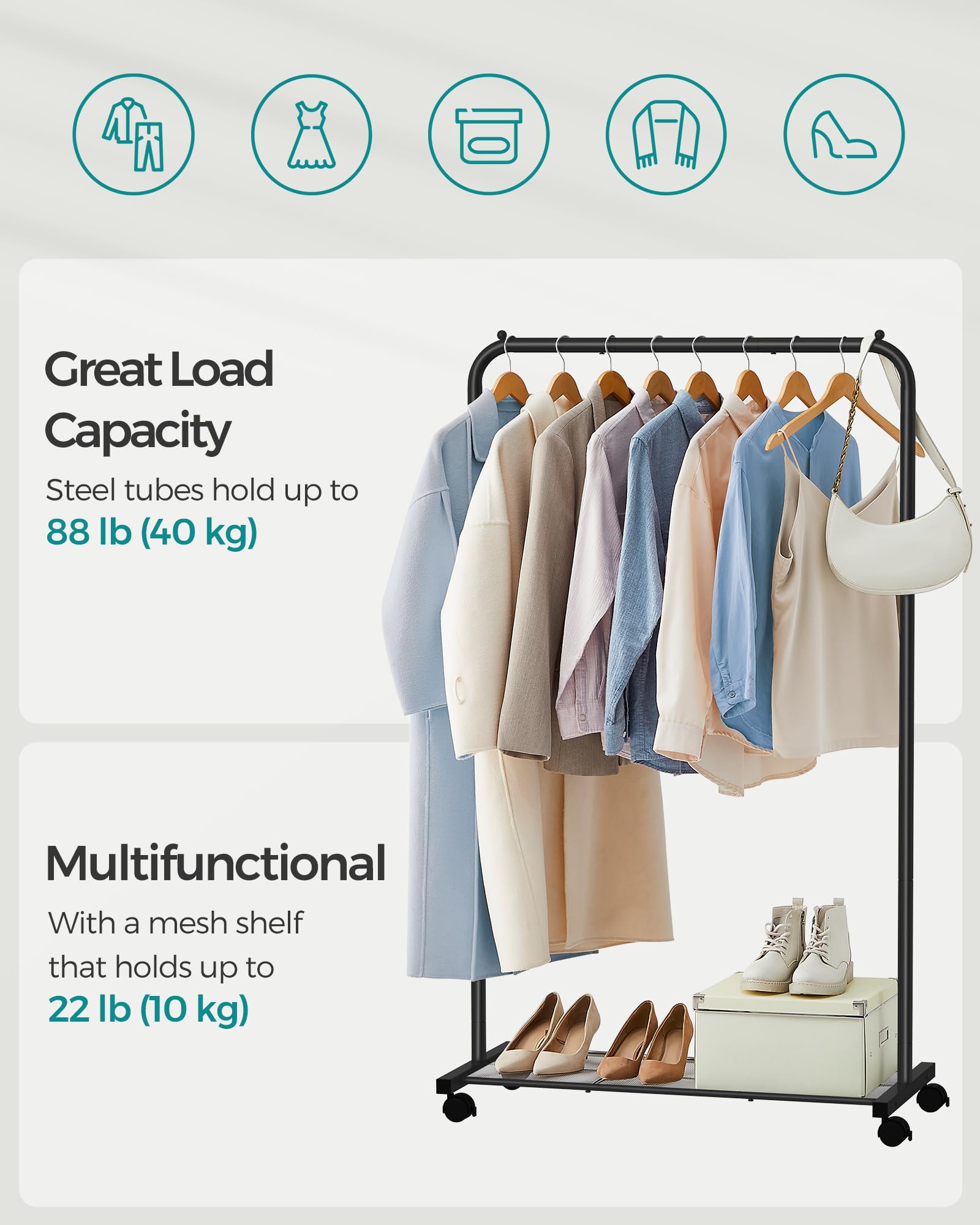 SONGMICS dense mesh shelf highlights sturdy bottom storage for shoes and boxes.