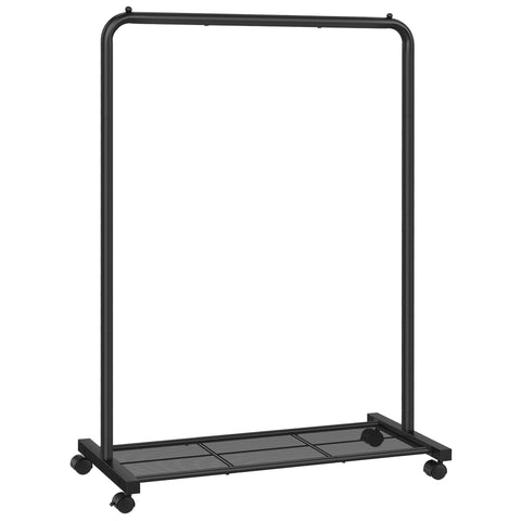 SONGMICS clothes rack with wheels front view showing extra hanging space for shirts and coats.