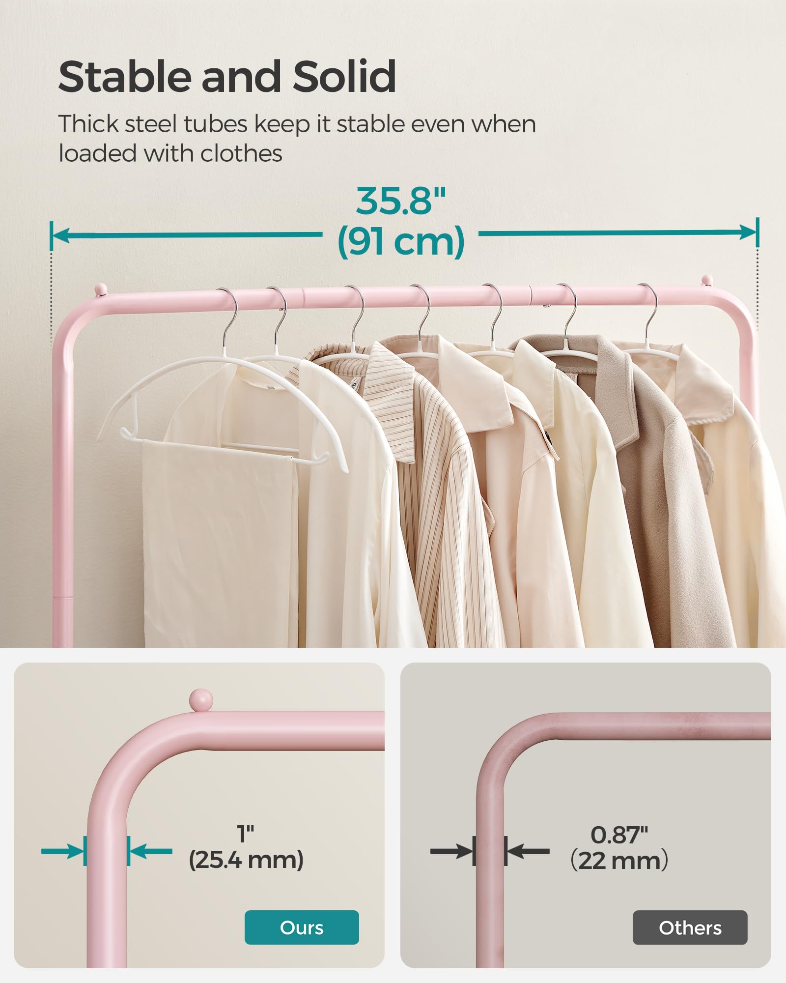 Wheels on Songmics rack roll smoothly for easy room to room movement