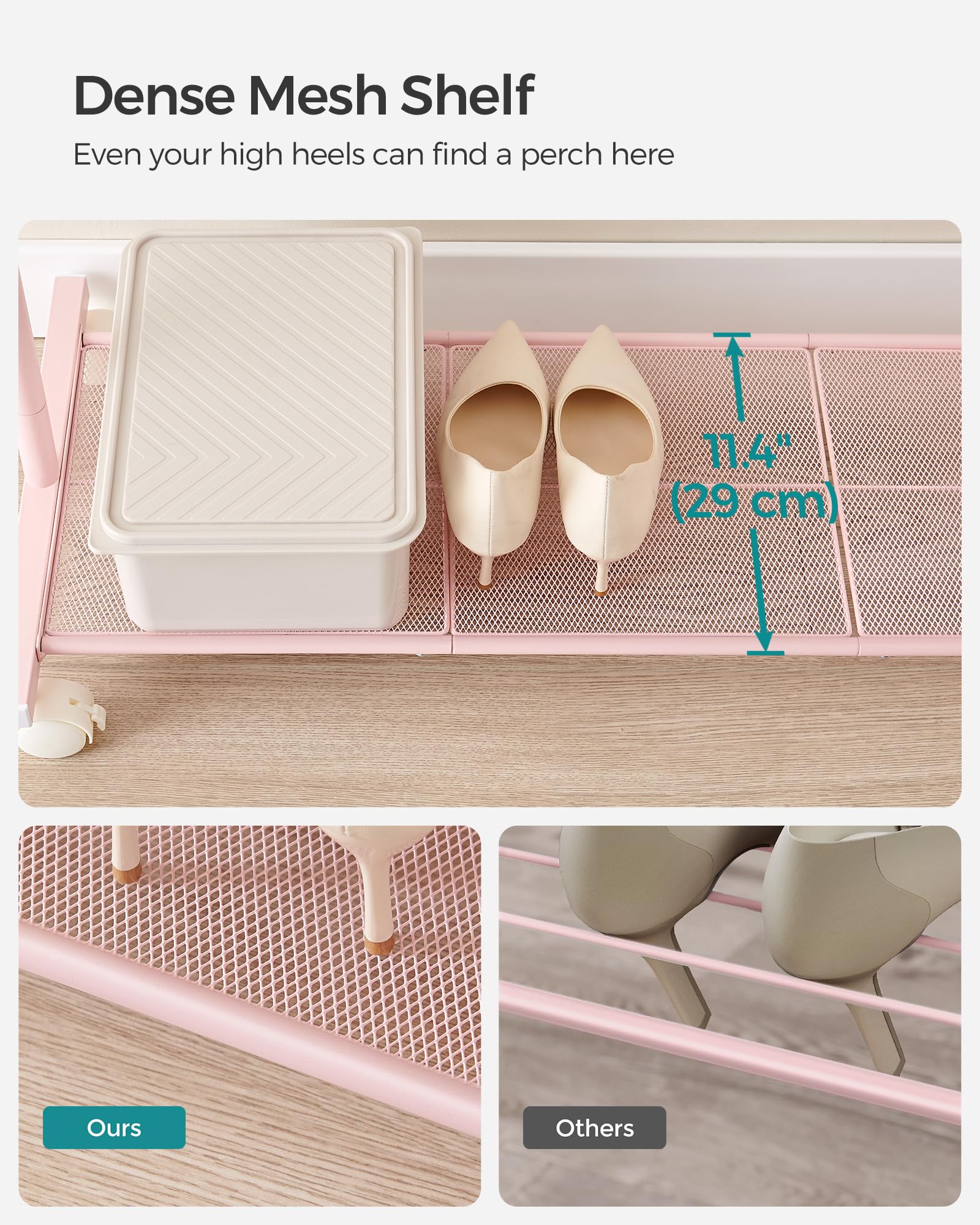 Closely spaced mesh detail from Songmics rack accommodates high heels and small items