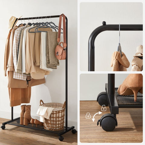 SONGMICS bottom shelf stores shoes and boxes, keeping space tidy.