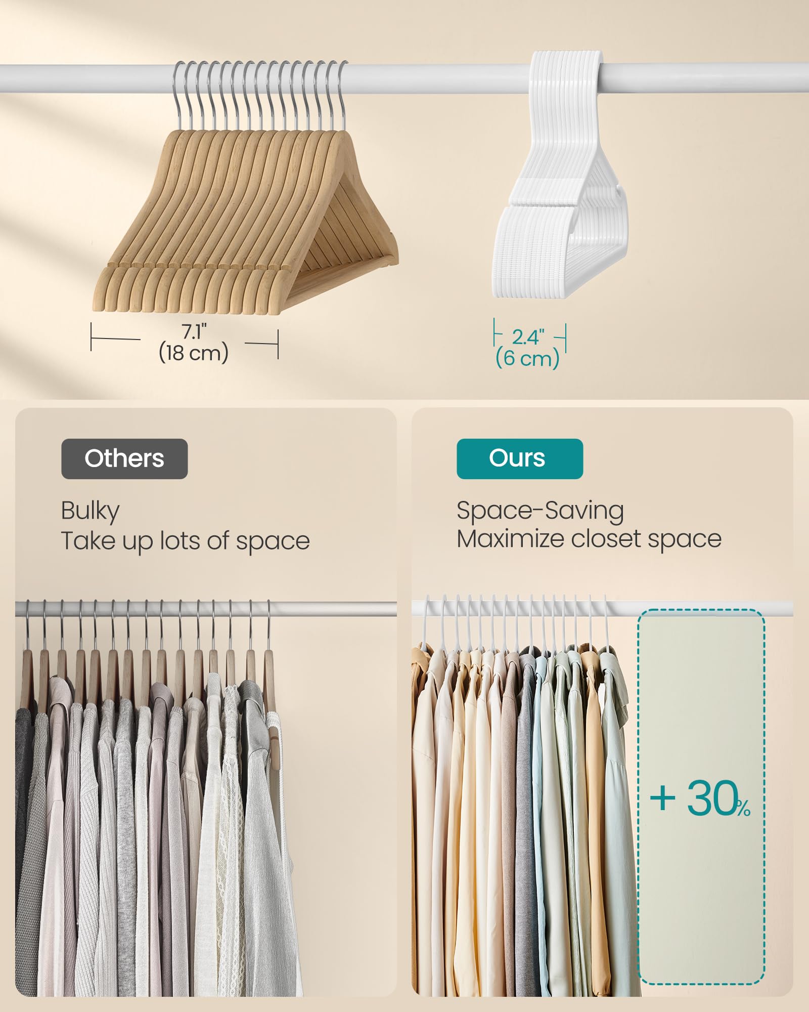 Songmics cloud white coat hangers in a neat closet.