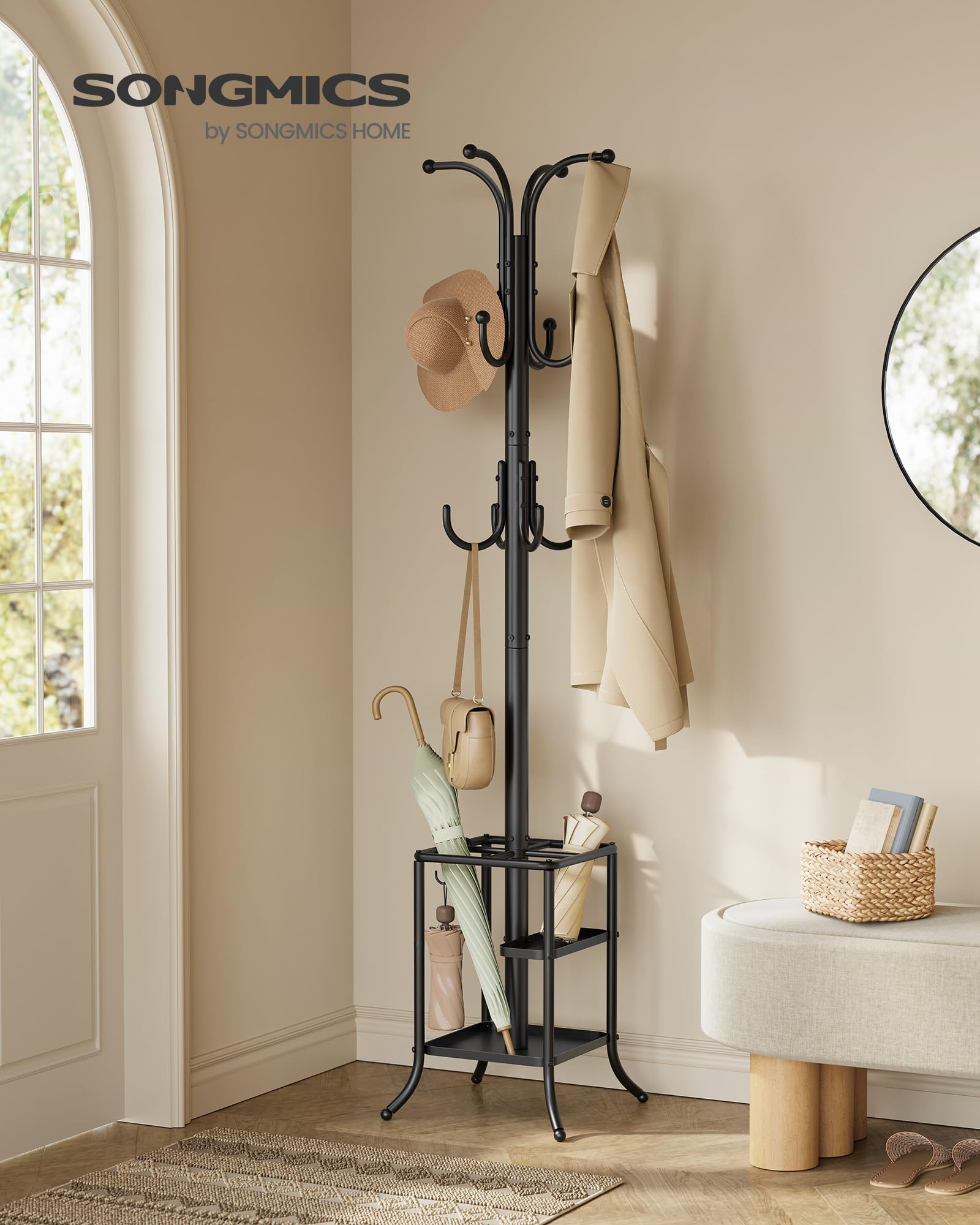 SONGMICS coat rack 12-hook design securely hangs coats, bags, and scarves.