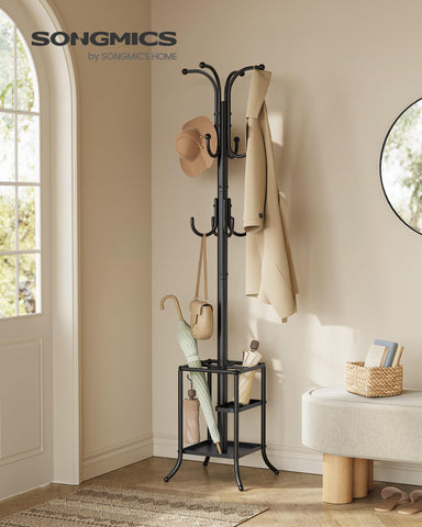 SONGMICS coat rack 12-hook design securely hangs coats, bags, and scarves.