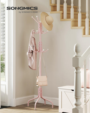 SONGMICS jelly pink coat rack base with four legs for balanced stability.