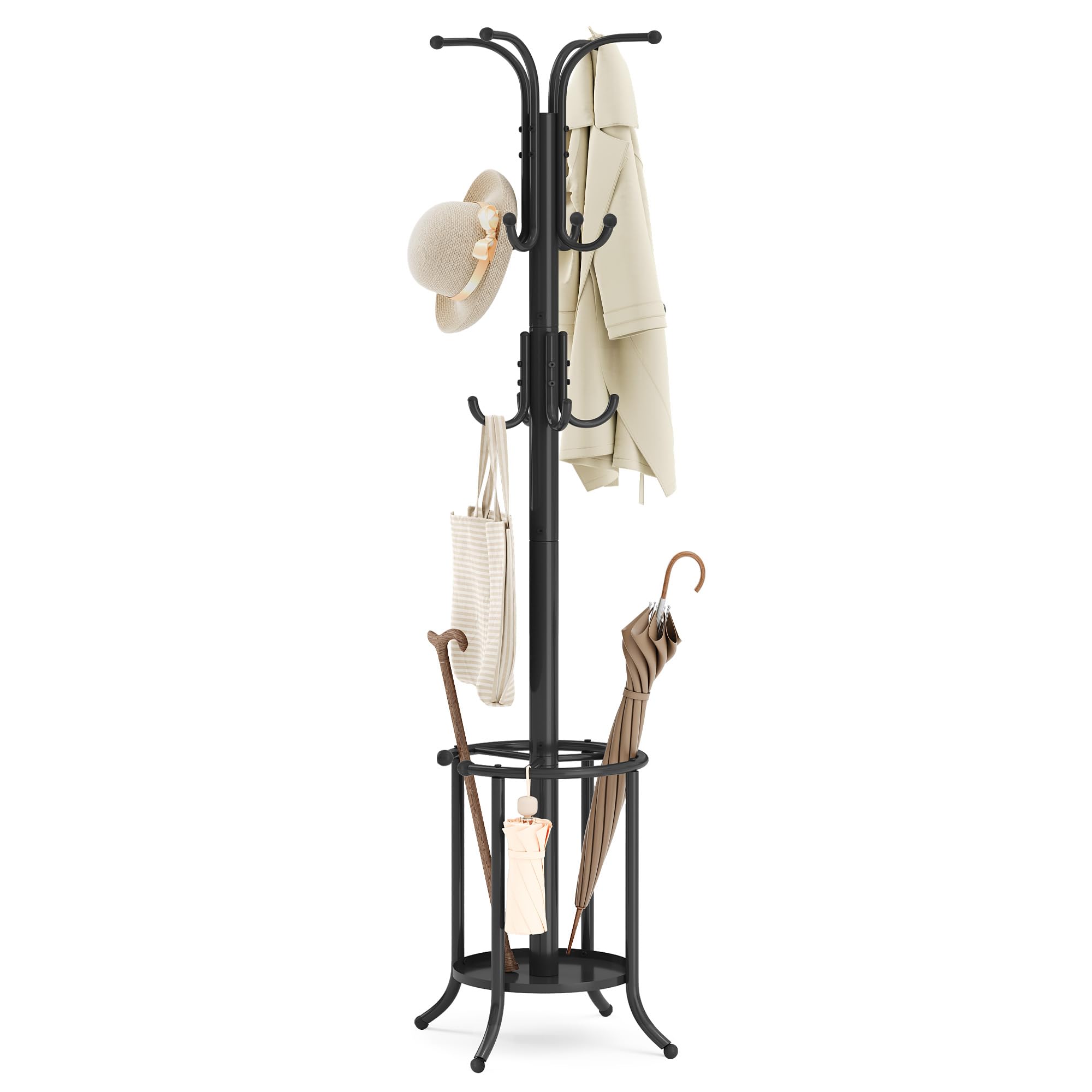 SONGMICS coat rack with umbrella holder keeps coats and umbrellas neatly organized.