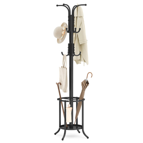 SONGMICS coat rack with umbrella holder keeps coats and umbrellas neatly organized.