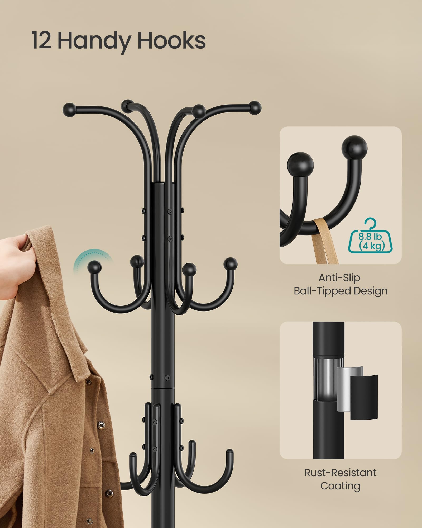 SONGMICS adjustable feet keep the rack steady on uneven floors.