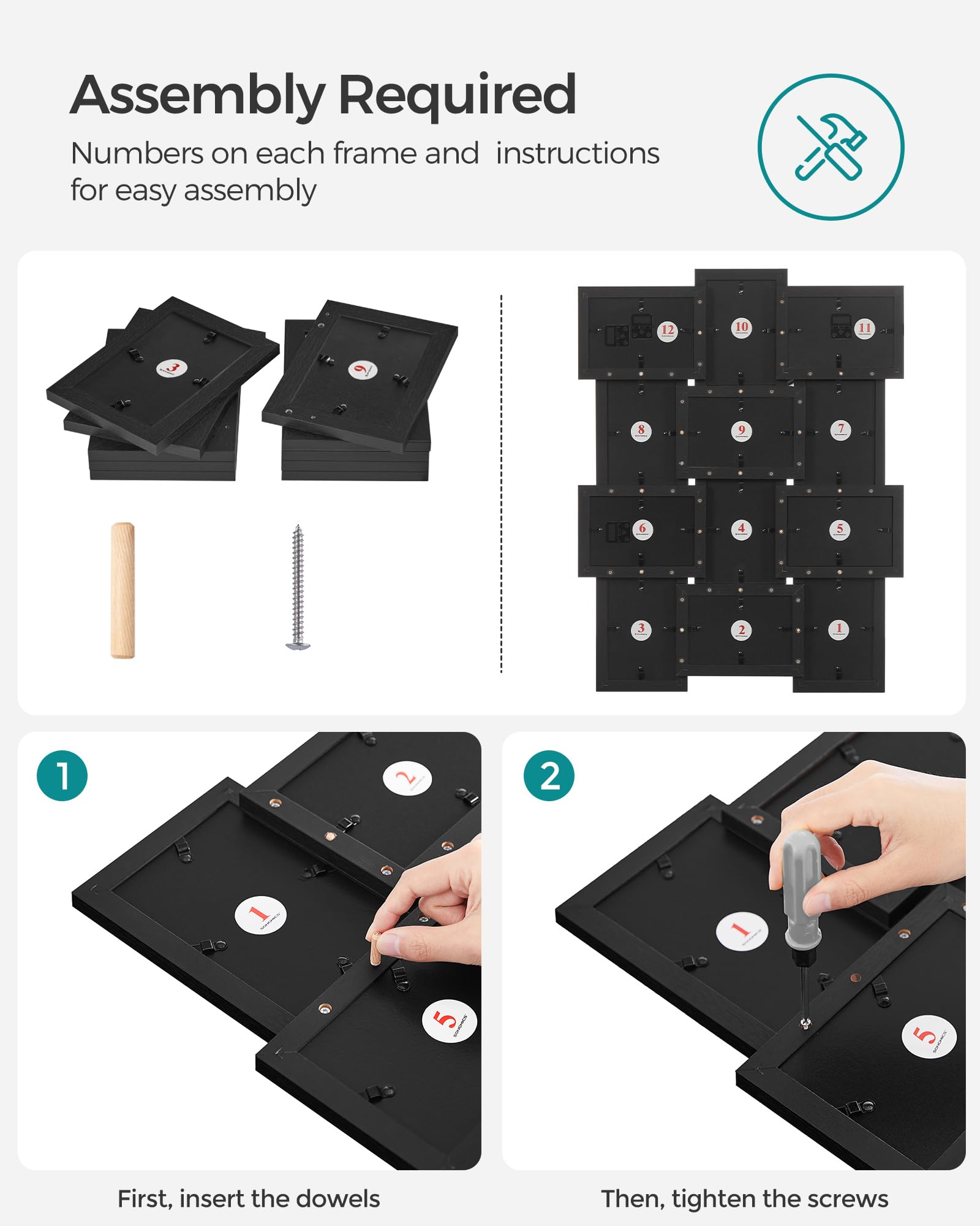 Back view of SONGMICS collage frame showing turn buttons for easy swaps