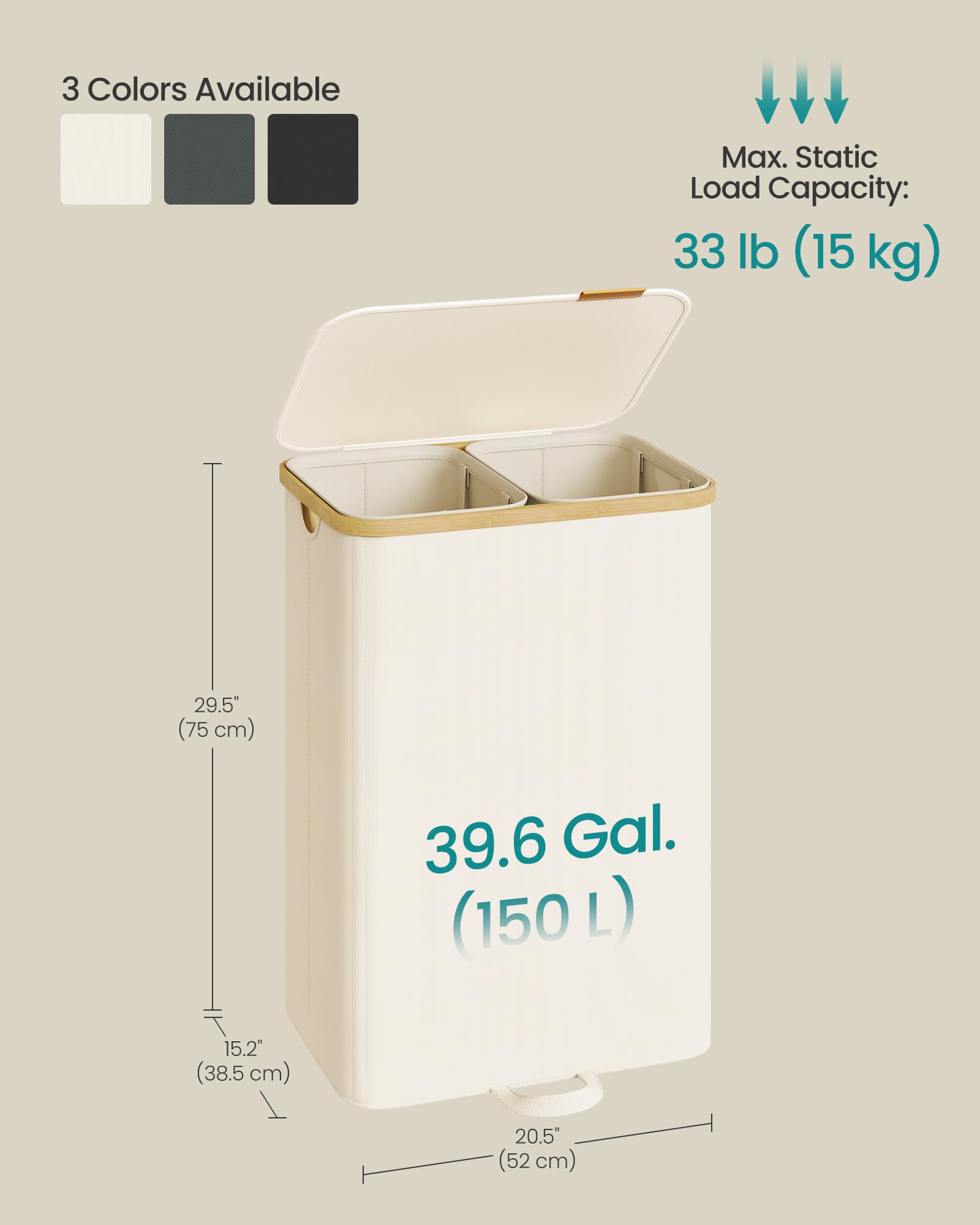SONGMICS cream white hamper highlights spacious 39.6 gallon capacity.