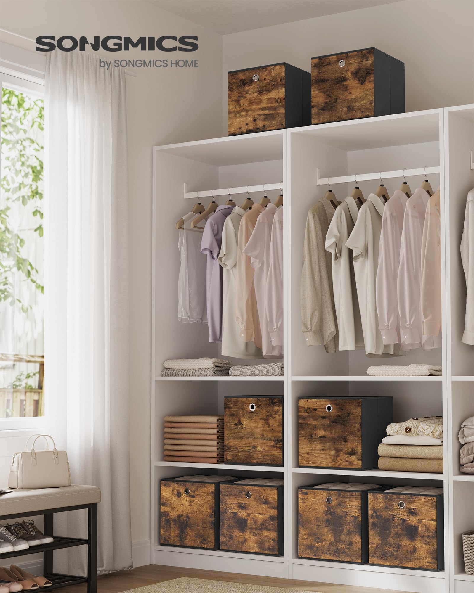 Songmics cube storage box with grommet handle, easy to pull from a shelf.
