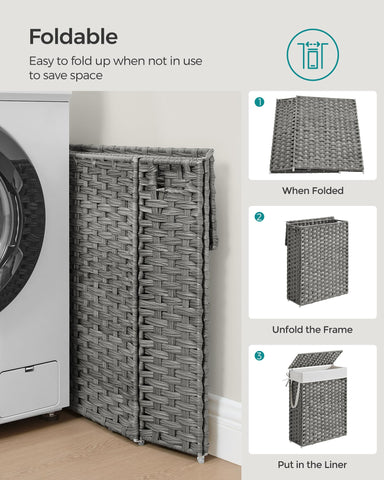 SONGMICS Dove Gray hamper with sturdy bottom feet protects floors.