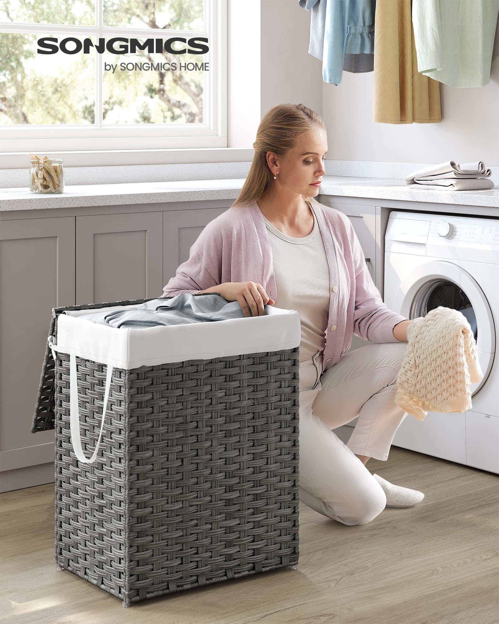 SONGMICS dove gray hamper fits tight spaces with a slim footprint.