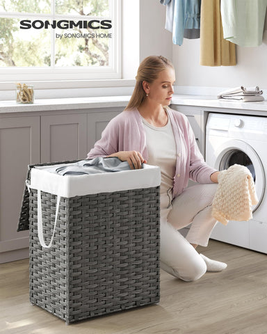 SONGMICS dove gray hamper fits tight spaces with a slim footprint.