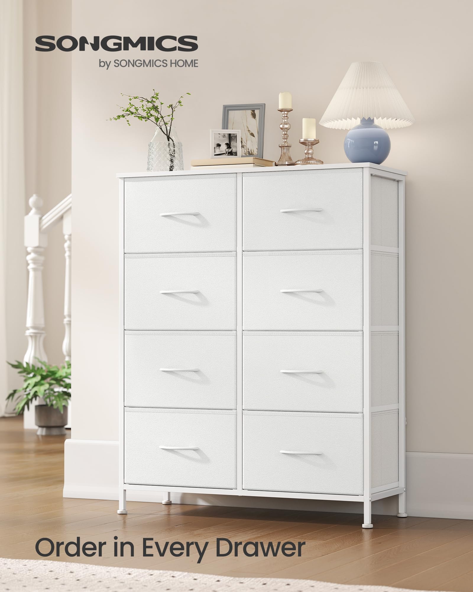 SONGMICS 8-drawer storage unit keeps private items hidden and space tidy.
