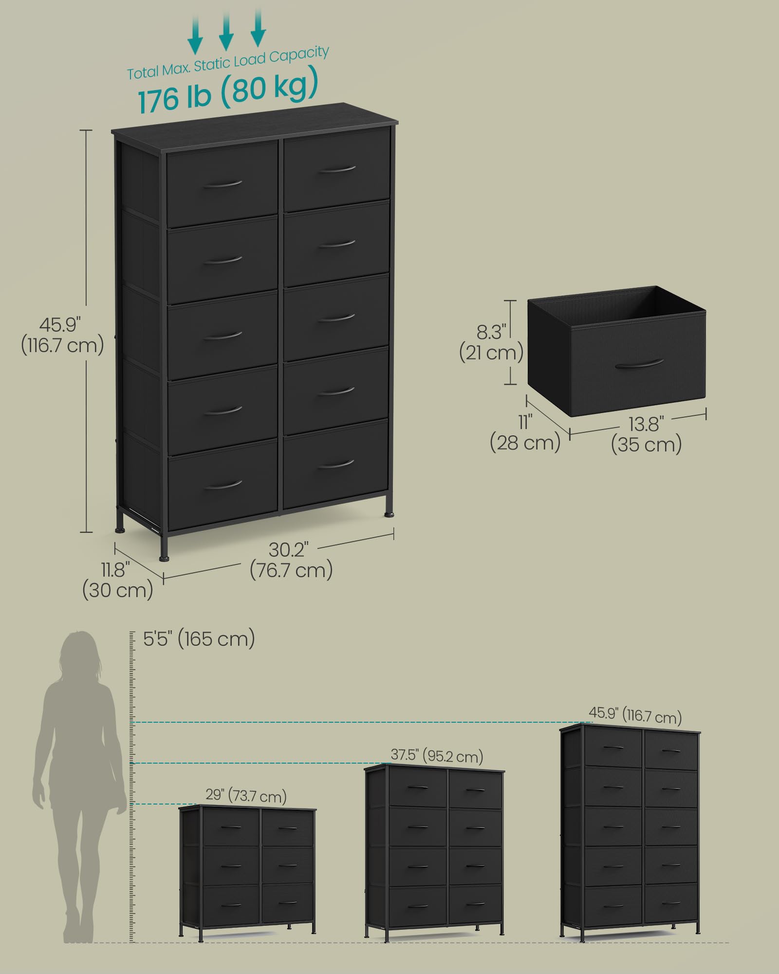 Songmics dresser adjustable feet stabilize on uneven floors for steady placement.