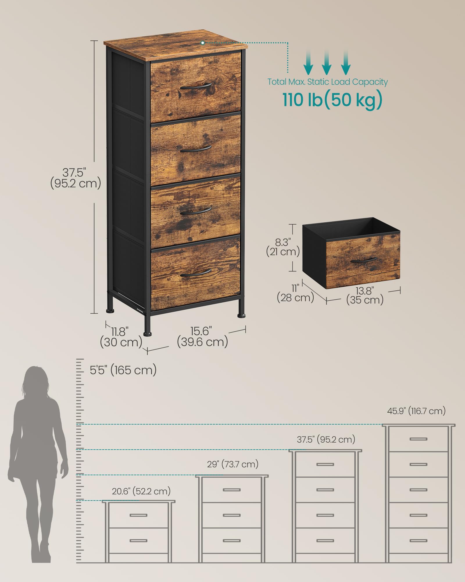SONGMICS dresser anti-tip kit and adjustable feet improve stability.