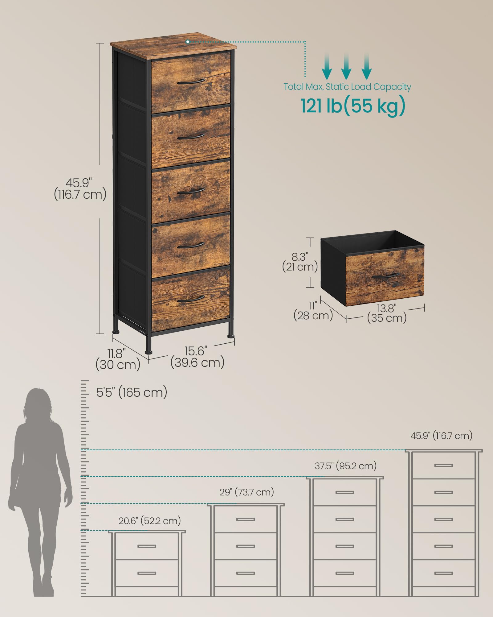 Anti-tip kit and adjustable feet provide extra stability for SONGMICS dresser