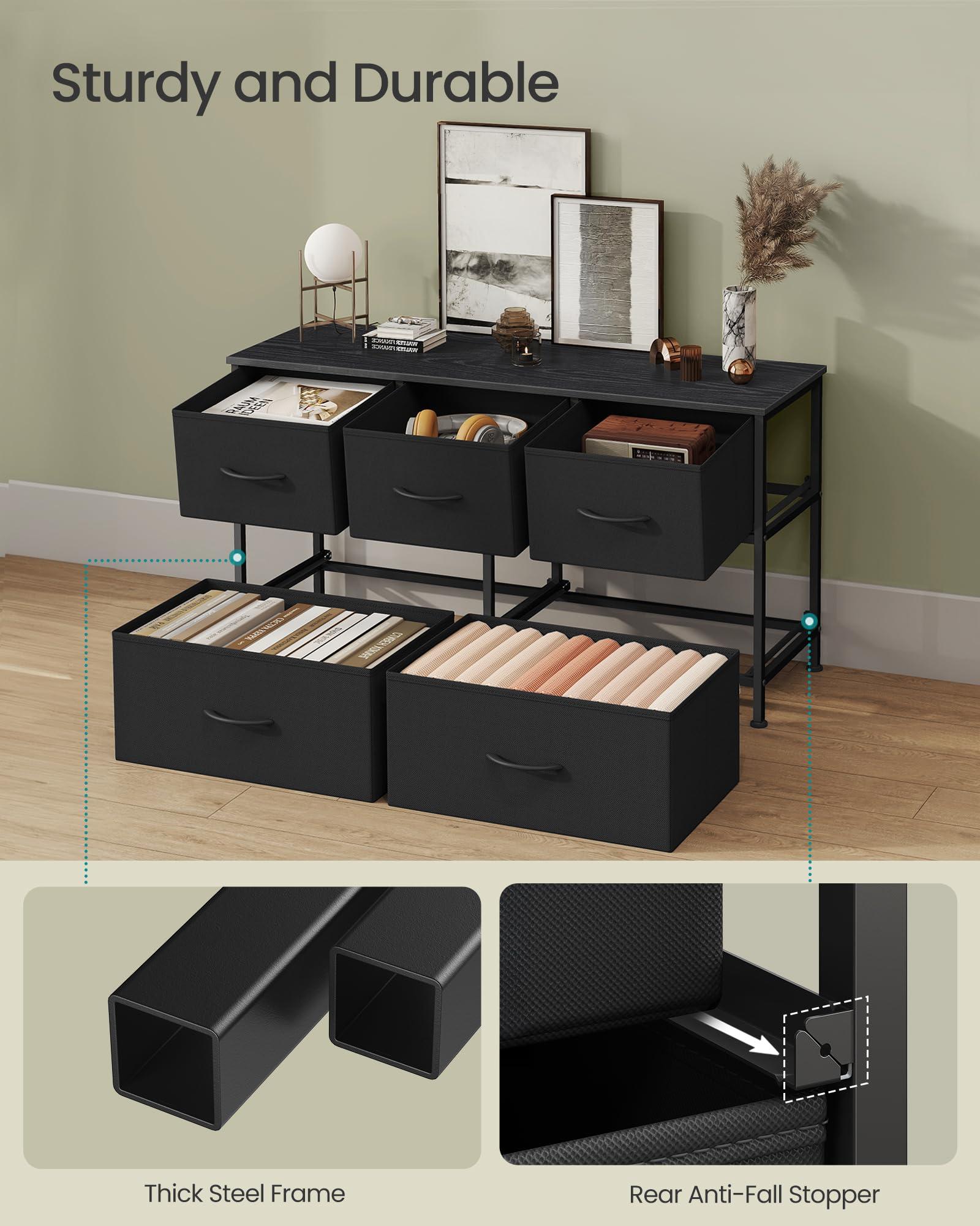 SONGMICS assembled dresser in room setup shows easy placement and versatile storage.