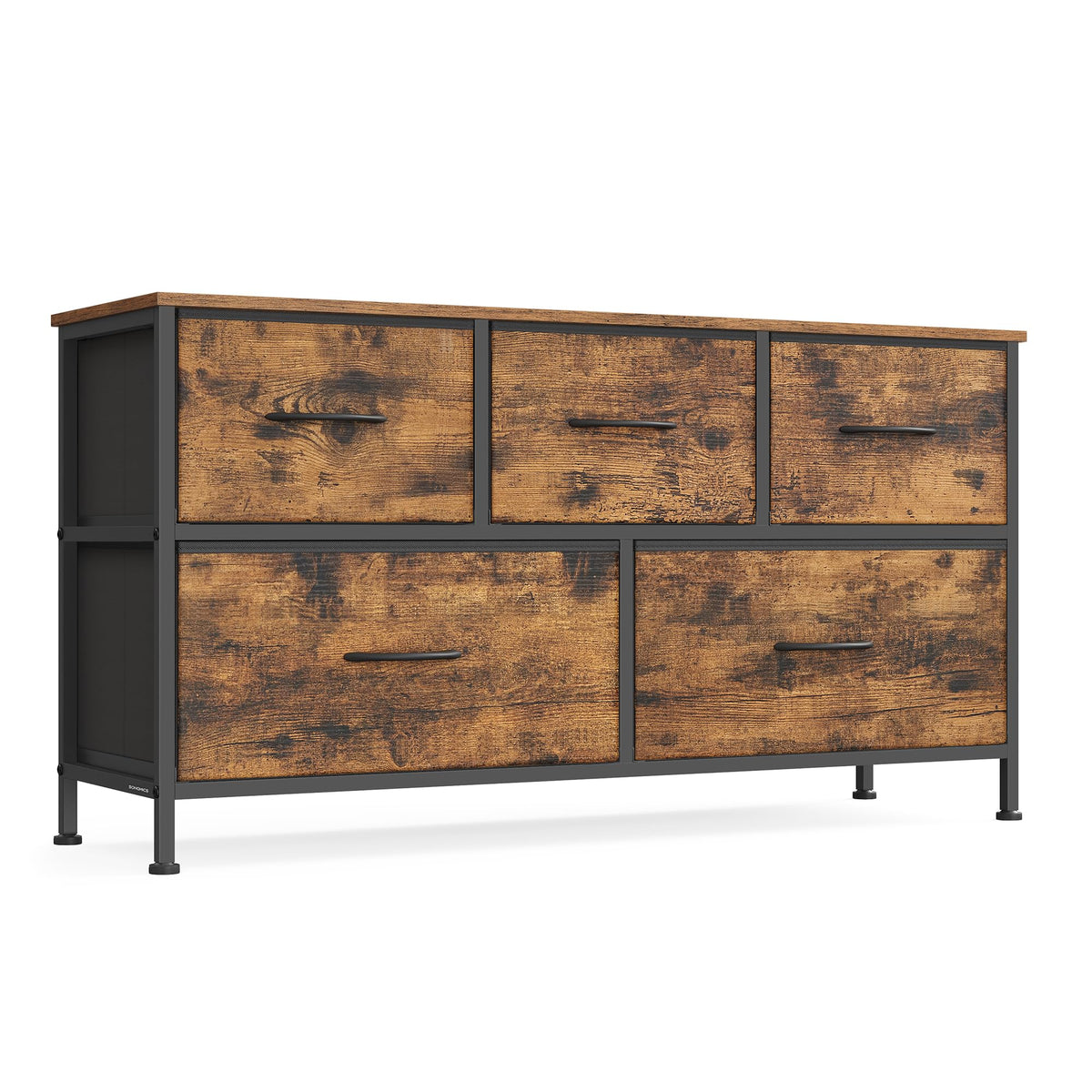 Songmics dresser with steel frame and five fabric drawers for organized bedroom storage.