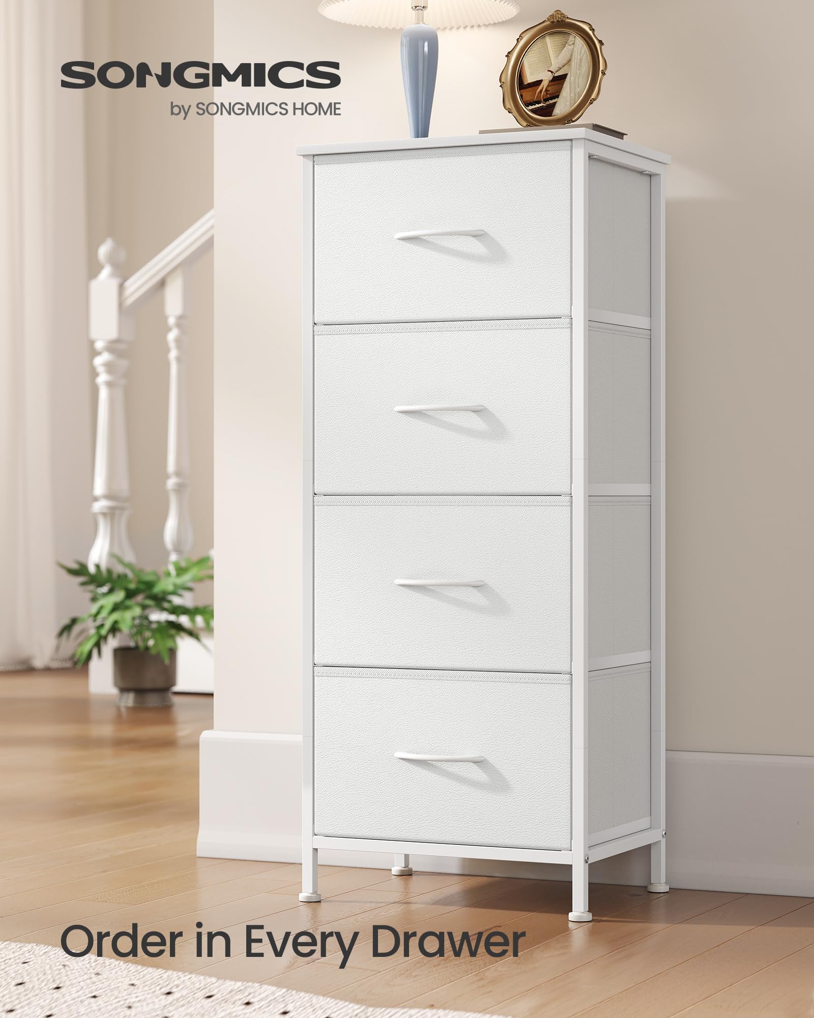 SONGMICS dresser drawers close-up demonstrates durable fabric storage for belongings.