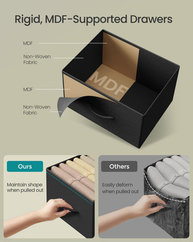 SONGMICS dresser ink black drawer open reveals hidden fabric storage.