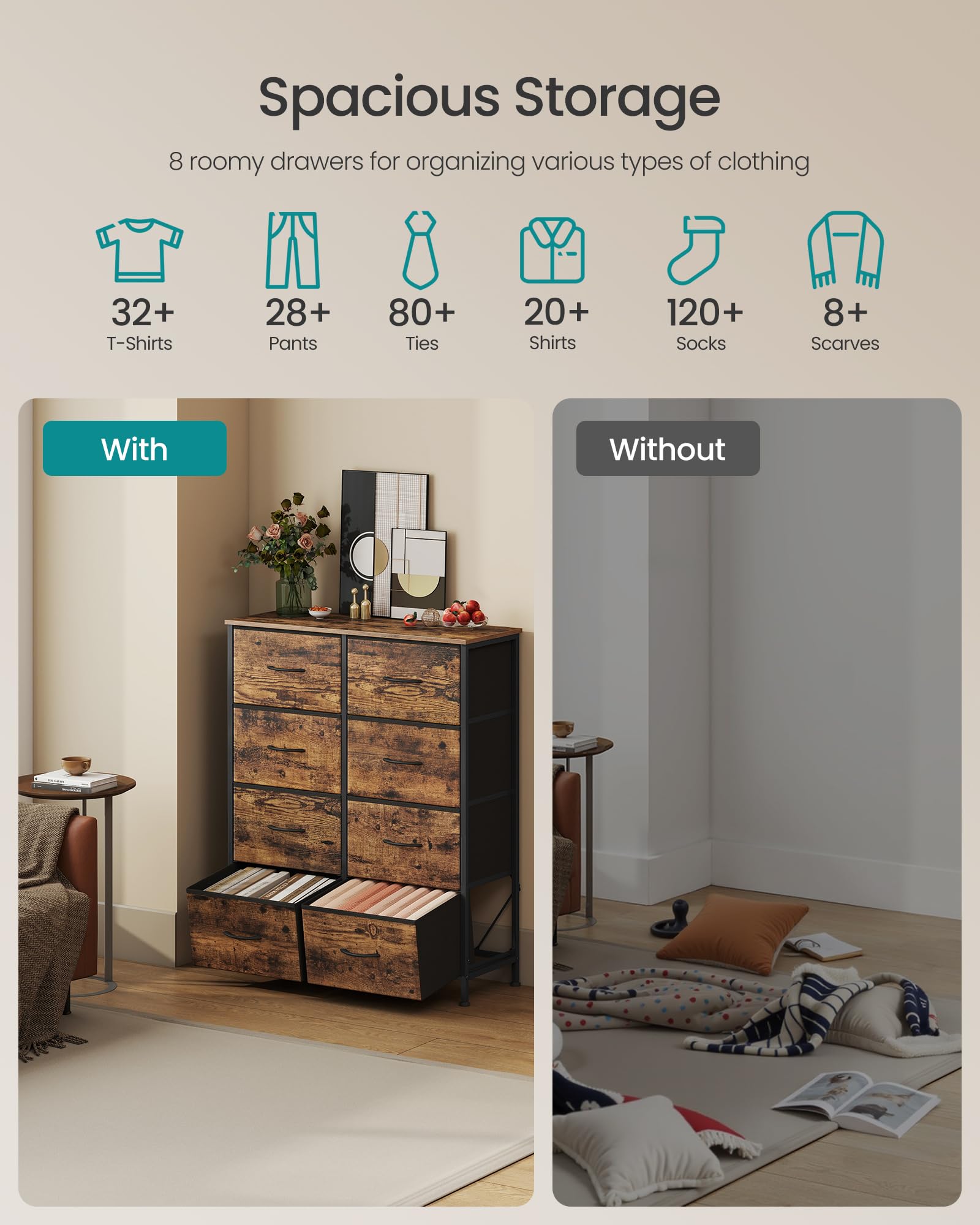 SONGMICS dresser-drawers-organization demonstrates hidden storage for clothes and accessories.