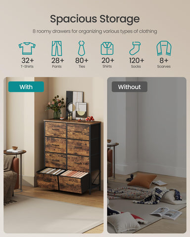 SONGMICS dresser-drawers-organization demonstrates hidden storage for clothes and accessories.